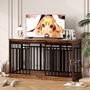 Heavy-Duty 55" Dog Crate TV Stand (Rustic Brown) – Metal & Wood Furniture-Style Kennel Table with Sliding Door & Food Bowl - 1 of 4