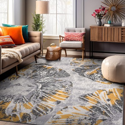 Yellow and Gray Floral Stain-Resistant Synthetic 8' x 10' Area Rug