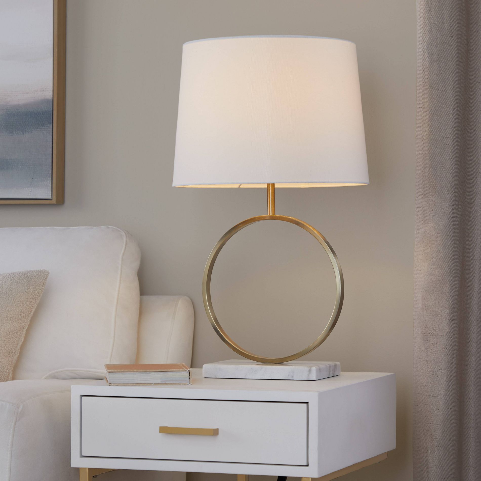 LumiSource Moon 26" Contemporary Table Lamp White Marble, Gold Metal and White Shade