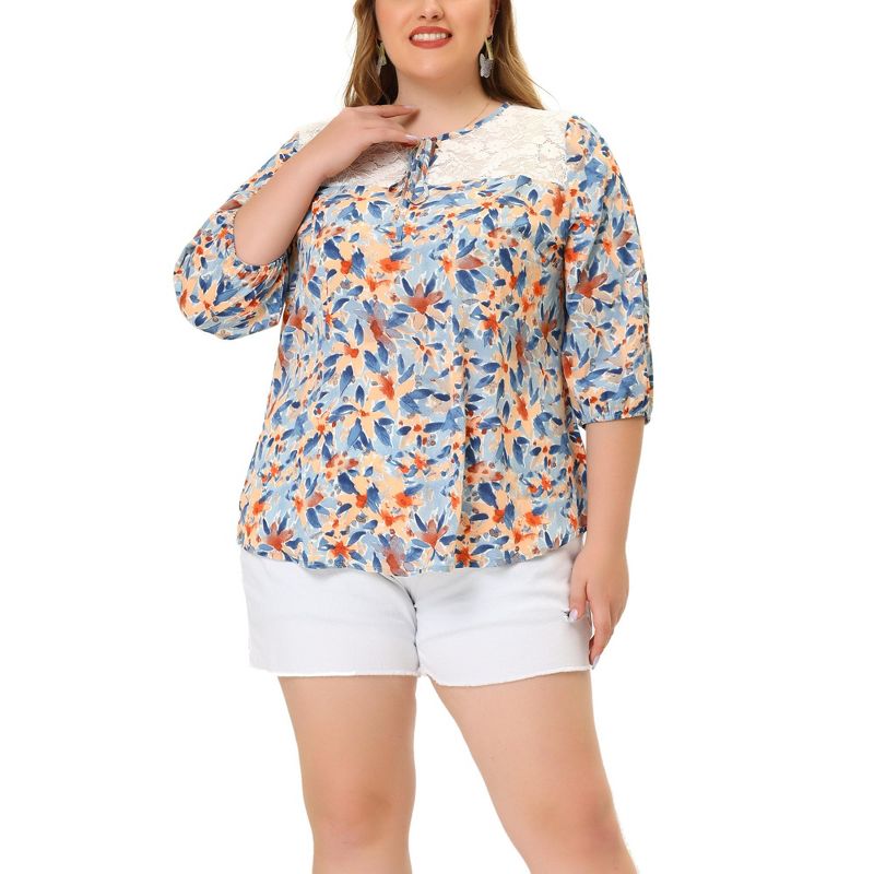 Agnes Orinda Women's Plus Size Floral Printed Lace Panel Self Tie Neck 3/4 Sleeves Summer Tops, 2 of 7