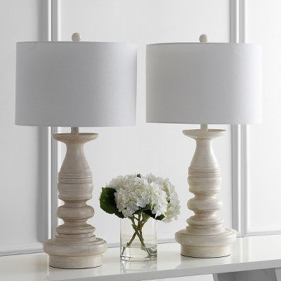 Jareth White Wash Traditional Table Lamp Set with Cotton Shade