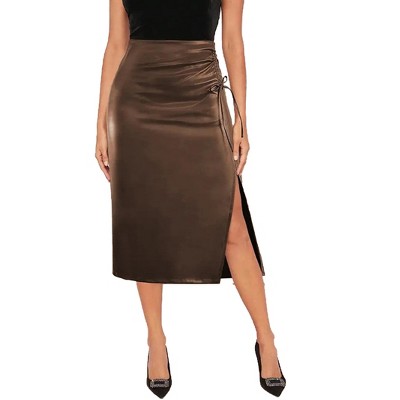 Womens Fashionable PU Leather Pencil Skirt Side Slit Slim Fit Skirt Drawstring