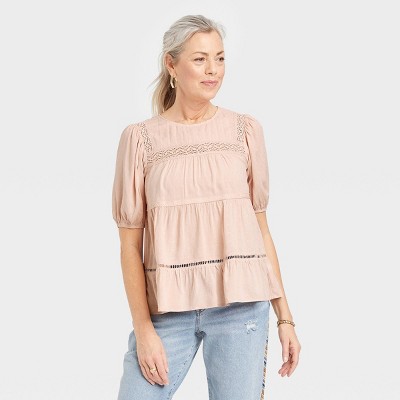Women's Puff Short Sleeve Lace Inset Blouse - Knox Rose™ Melon Pink L