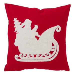 Santa's Sleigh Design Cotton Blend Square Throw Pillow Red - Saro Lifestyle: Embroidered Festive Decor - 1 of 3