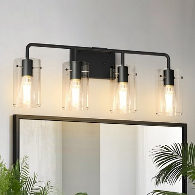 YANSUN 26 in. 4-Light Black Metal Vanity Light with Clear Glass Shade Bathroom Fixture for Modern Farmhouse Style Spaces