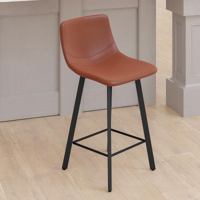 Cognac Faux Leather and Matte Black Metal Counter Stools, Set of 2