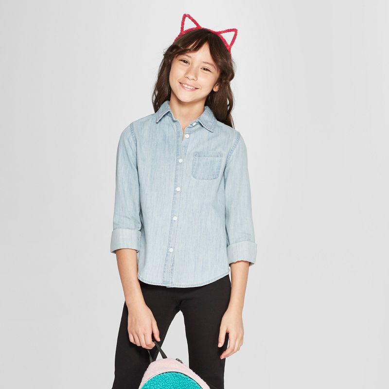 Girls' Long Sleeve Denim Button-Down Shirt - Cat & Jack&#8482; Light Wash M, 1 of 4