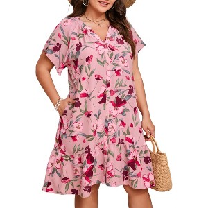 Plus Size Women's Dress Floral V Neck Casual Dress Button Down Pocket Mini Dress - 1 of 4
