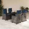 vidaXL 5-Piece Poly Rattan Patio Dining Set - Gray Outdoor Furniture with Adjustable Recliners, Tempered Glass Table, and Navy Cushions - 2 of 4