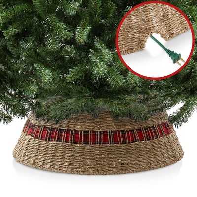 Natural Seagrass Woven Christmas Tree Collar with Tartan Plaid Ribbon, 32 Inches