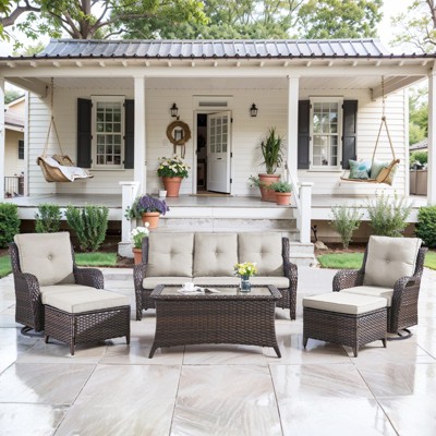 6 Piece Rattan Wicker Patio Conversation Set with Swivel Chairs, Patio Furniture Set with Patio Couch Swivel Chair Coffee Table Ottoman