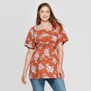 Maternity Floral Print Elbow Sleeve Crepe Blouse - Isabel Maternity by Ingrid & Isabel Brown M, Women