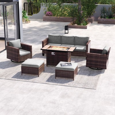 Sonkuki 6-Piece Patio Sofa with Rectangle Fire Pit Table and Swivel Rocking Chairs, Patio Conversation Couch with Cushion