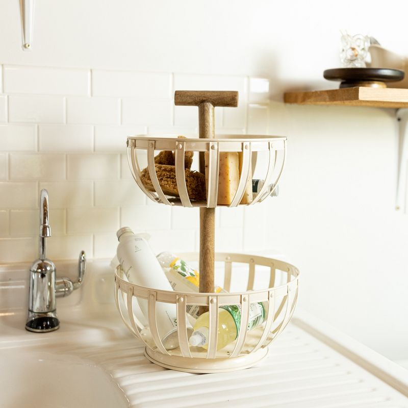 2 Tiered Countertop Kitchen Basket White Metal & Wood by Foreside Home & Garden, 3 of 9