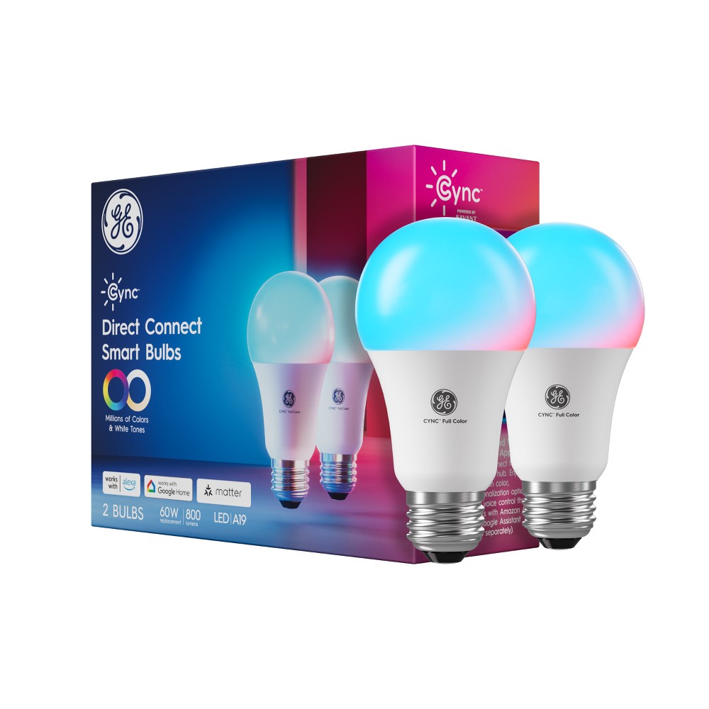 GE 2pk CYNC Smart Color Changing A19 LED Light Bulbs