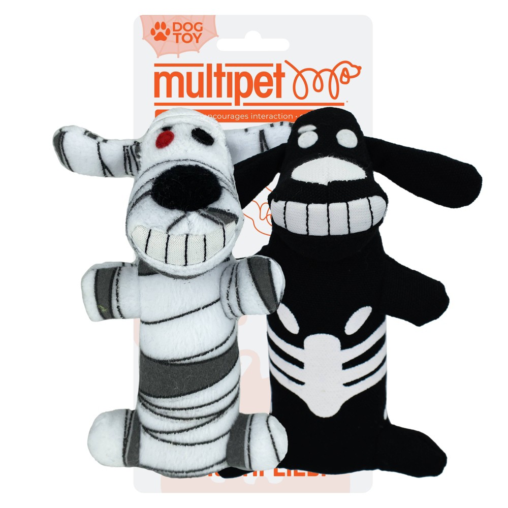 Multipet Loofa Skeleton and Mummy Dog Interactive Plush Toy - White/Black 2pk