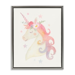 Stupell Industries Charming Unicorn Smiling Flower Crown Stars Design Floating Frame Canvas Art, Gray, 17" x 21" - 1 of 4