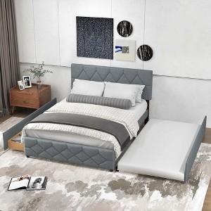 Costway Queen Upholstered Platform Bed with Twin XL Trundle and 2 Drawers Wooden Slats - 1 of 4