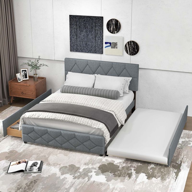 Costway Queen Upholstered Platform Bed with Twin XL Trundle and 2 Drawers Wooden Slats, 1 of 11