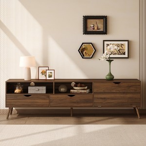 JVNOXKMedieval-Style Console TV Stand for 78-inch TVs, Featuring 2 Drawers and 1 Drop-Down Door Storage, Suitable for TVs Under 80 Inches - Walnut - 1 of 4