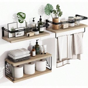 3+1 Bathroom Shelves Over Toilet Floating Wall Mounted with Metal Frame and Towel Bar Rustic Brown for Bathroom - 1 of 4