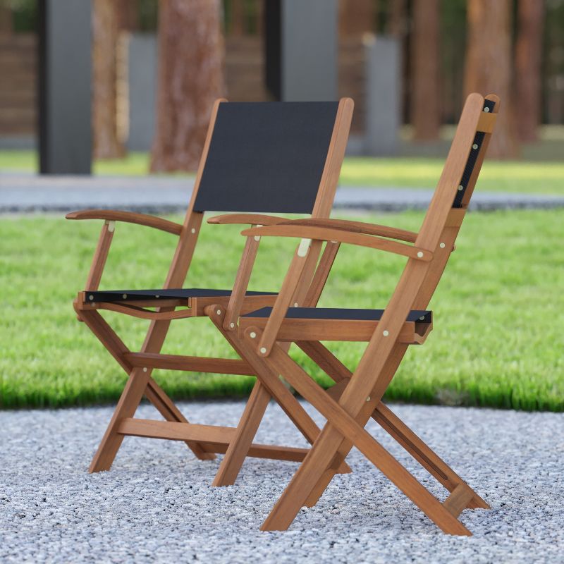 Emma and Oliver Set of Two Weather Resistant All Natural Acacia Wood Folding Bistro Chairs with Armrests and Textilene Mesh Seats and Backs, 5 of 13