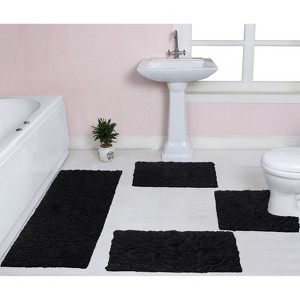Bell Flower Collection Tufted Bath Rugs, Extra Soft and Absorbent, Non-Slip Bath Mats, Machine Washable Bathroom Mats, 4 Pcs Set with Contour, Black - 1 of 4
