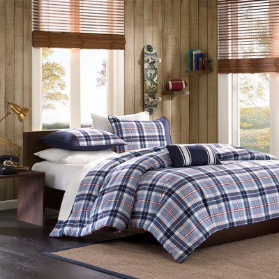 Lance Plaid Comforter Set (Twin) White&Blue - 3pc