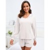 2 Piece Lounge Sets for Women V Neck Lantern Long Sleeve Hooded Top and Drawstring Shorts Sweatsuit Outfits - 2 of 4
