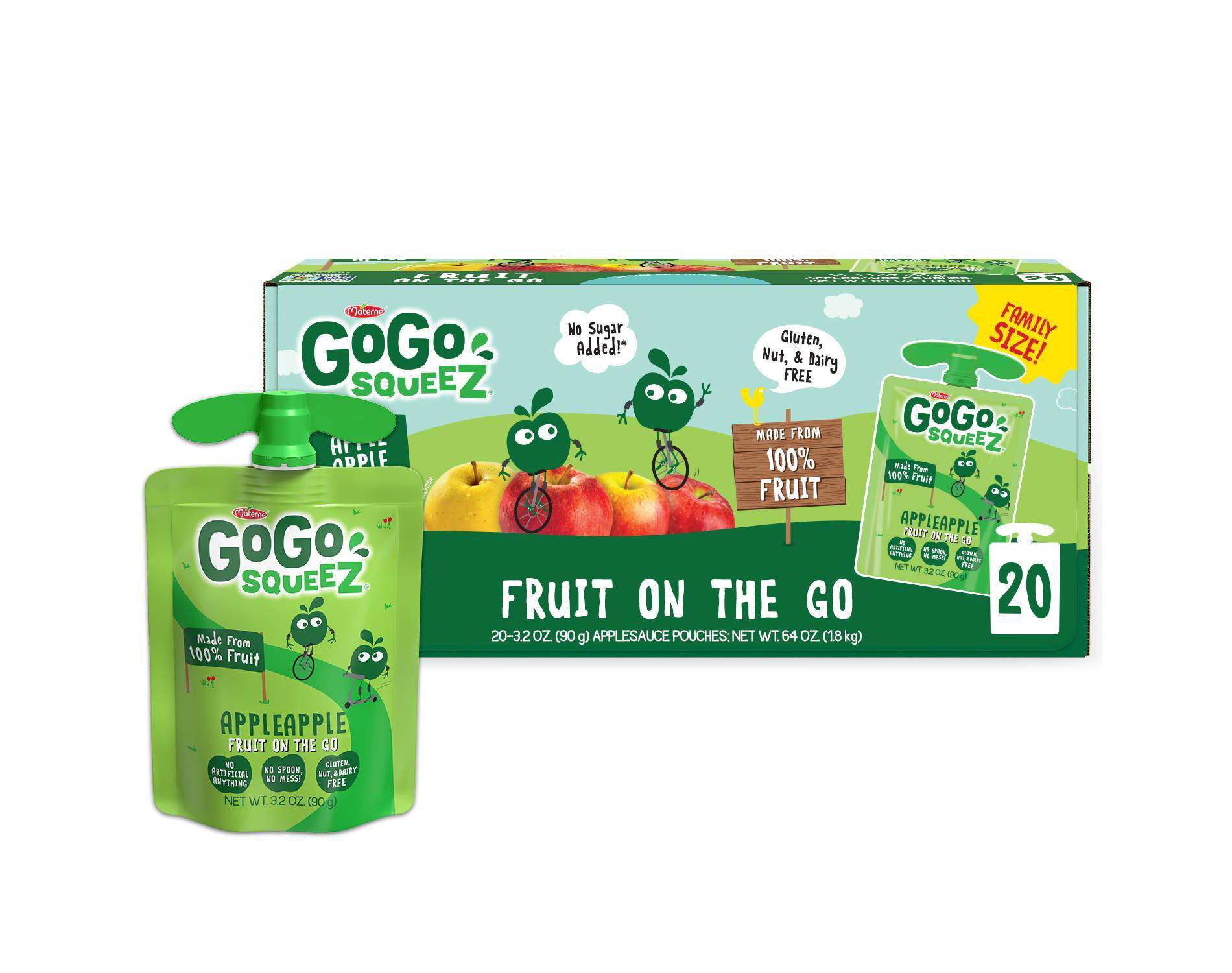 GoGo squeeZ Applesauce and Fruit Puree, Apple Apple - 3.2oz/20ct