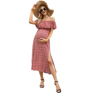 Women's Off Shoulder Split Photography Dress Babyshower red floral S - 1 of 4