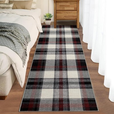Washable Non-Slip Runner Rug - Plaid Hallway, Kitchen, Entryway Mat - Stain Resistant Farmhouse Carpet