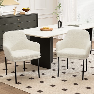Dyonery Mid-Century Modern Boucle Dining Chair, Cozy Upholstered Back & Armrest, Metal Legs, White Accent Chair