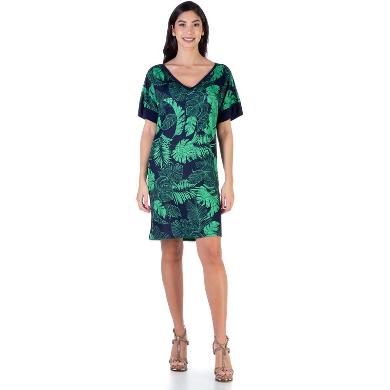 24seven Comfort Apparel Loose Fit Casual Green Leaf Print Knee Length T Shirt Dress, 1 of 5