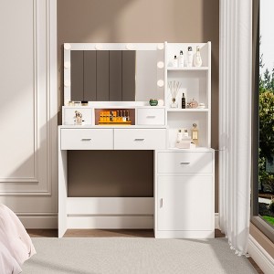 FONTOI 43.3"W Vanity Table with 5 Drawers and 3 Open Shelves Smooth MDF Surface for Bedroom Dressing Room, White/Black, 43.31"*15.75"*55.91" - 1 of 4