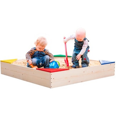PLAYBERG Outdoor Wooden Sand Box with Floor Cover and Waterproof Protection Cover, Square Sandpit for Kids
