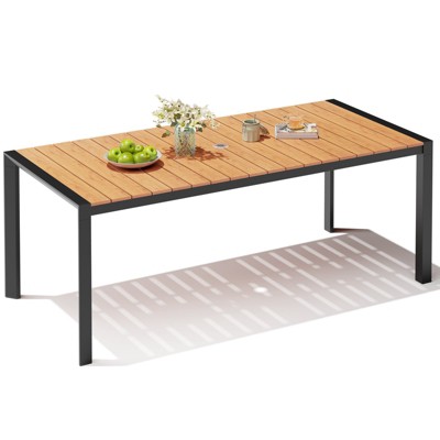 Crestlive Products Outdoor Dining Table for 4-6 People Patio Rectangle Table, Aluminum Frame with Durable Wood-Like Tabletop and Umbrella Hole Brown