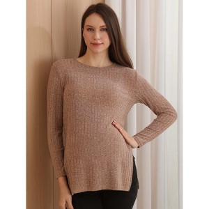 Maternity Long Sleeve Shirt - Solid Color Ribbed Knit Tee with Side Slit Hem - Soft Pregnancy Top for Women, Basic Comfort Fit Wear - 1 of 4