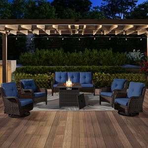 6 Pieces Brown Wicker Patio Furniture Set with Propane Fire Pit Table, All Weather Wicker Patio Set with Square Fire Pit Table and Swivel Patio Chair - 1 of 4