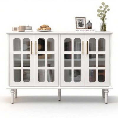 COMHOMA White Fluted Cabinet with Glass Doors, Vintage Style Storage Credenza with Adjustable Shelves for Dining Room