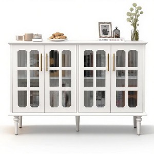 COMHOMA White Fluted Cabinet with Glass Doors, Vintage Style Storage Credenza with Adjustable Shelves for Dining Room - 1 of 4