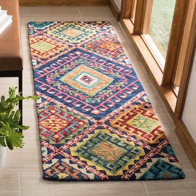 Aspen Blue and Multicolor Handmade Wool Geometric Runner Rug