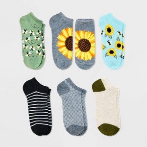 Women's Garden Bees 6pk Low Cut Socks - Olive Green/Black/Heather Gray 4-10: Recycled Polyester, Banded Cuff - 1 of 2