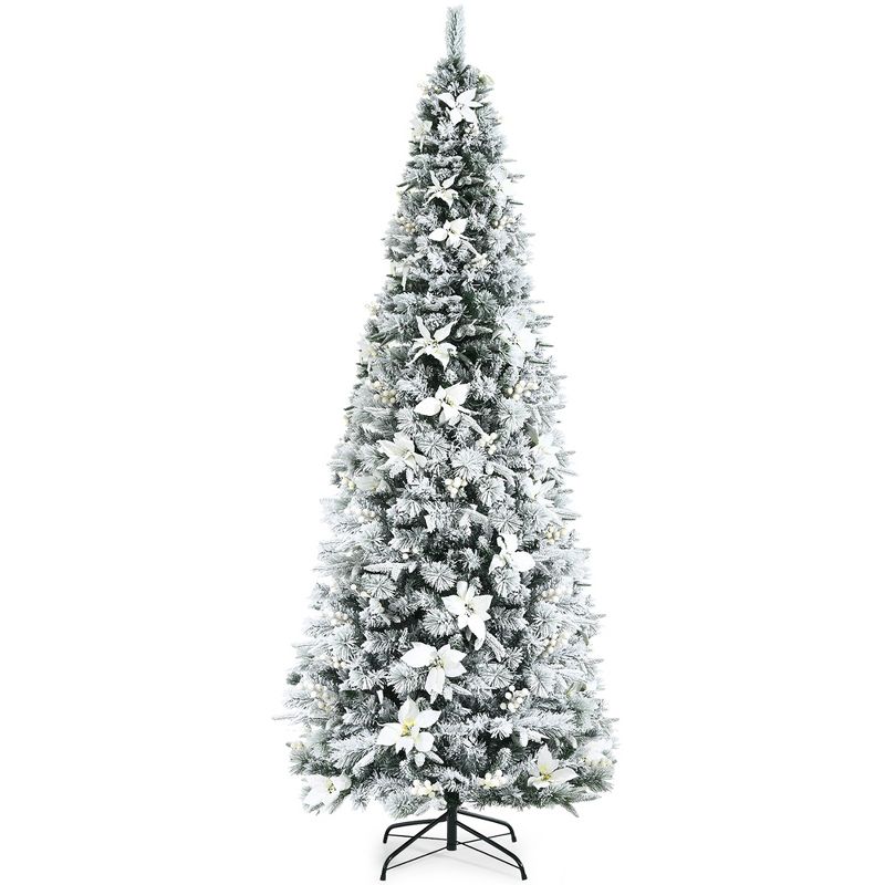 Costway 5ft/6ft/7ft/8ft Snow Flocked Christmas Pencil Tree w/ Berries & Poinsettia Flowers, 1 of 9