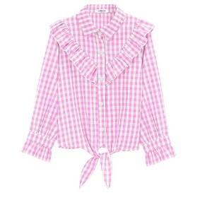 Girls Long Sleeve Ruffle Plaid Shirts Front Button Down Shirts for Girls Waist Knot Plaid Shirts,Pink Plaid - 2XL - 1 of 4
