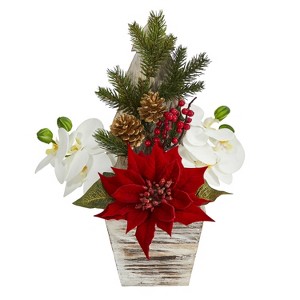 15in. Poinsettia & Orchid Artificial Arrangement in Christmas Tree Vase – Elegant Festive X-Mas Tabletop Décor - 1 of 4