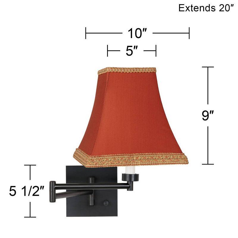 Barnes and Ivy Swing Arm Wall Lamp Espresso Plug-In Light Fixture Gold Trimmed Rust Fabric Square Shade for Bedroom Living Room, 4 of 5