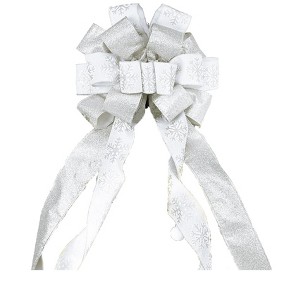 Aoibox Christmas Tree Topper Bow 13 Inch Diameter with 40 Inch Long Tail White Glitter Satin Mesh Streamer Patterned Ribbon 1 Piece - 1 of 4