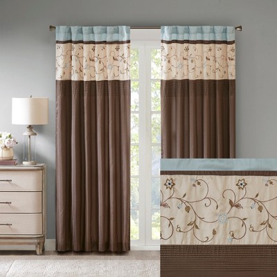 Blue Embroidered Light-Filtering Pleated Curtain Panel