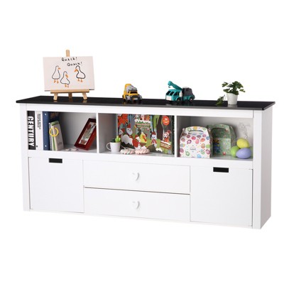 3-Tier Toy Storage Organizer, Wooden Storage Organizer Kids Bookshelf with 2 Drawers and 3 Storage Cubbies, Floor Standing Storage Cabinet